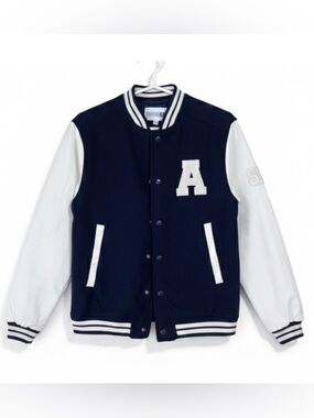 Survival Gear Boy Navy Blue & White Letterman Varsity Bomber Jacket Size 10/12 M